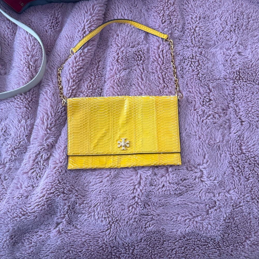 Tory Burch Snakeskin Bright Yellow Clutch with Gold Chain WITH DUST BAG